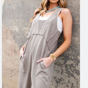 Easel Taupe Boho Wide-Leg Jumpsuit - Relaxed Fit - Size L